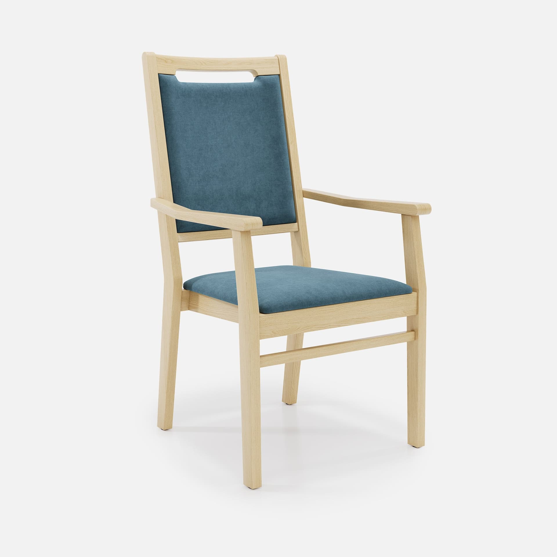 Chaise Accoudoirs Liza Haut Dossier par Zelder en bois hêtre naturel et revètement tissu coloris beige fumé