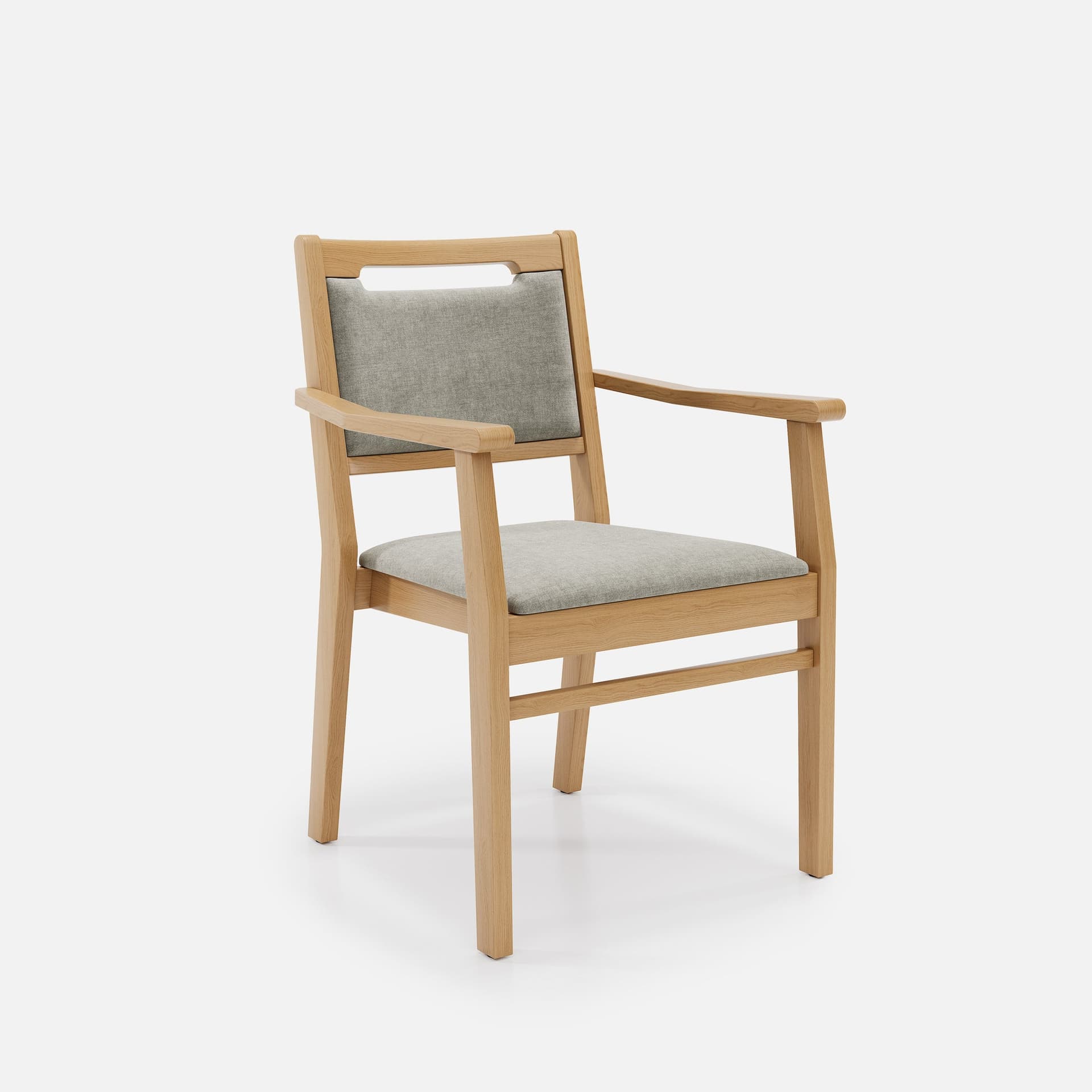 Chaise Accoudoirs Liza par Zelder en bois hêtre naturel et revètement tissu coloris beige fumé