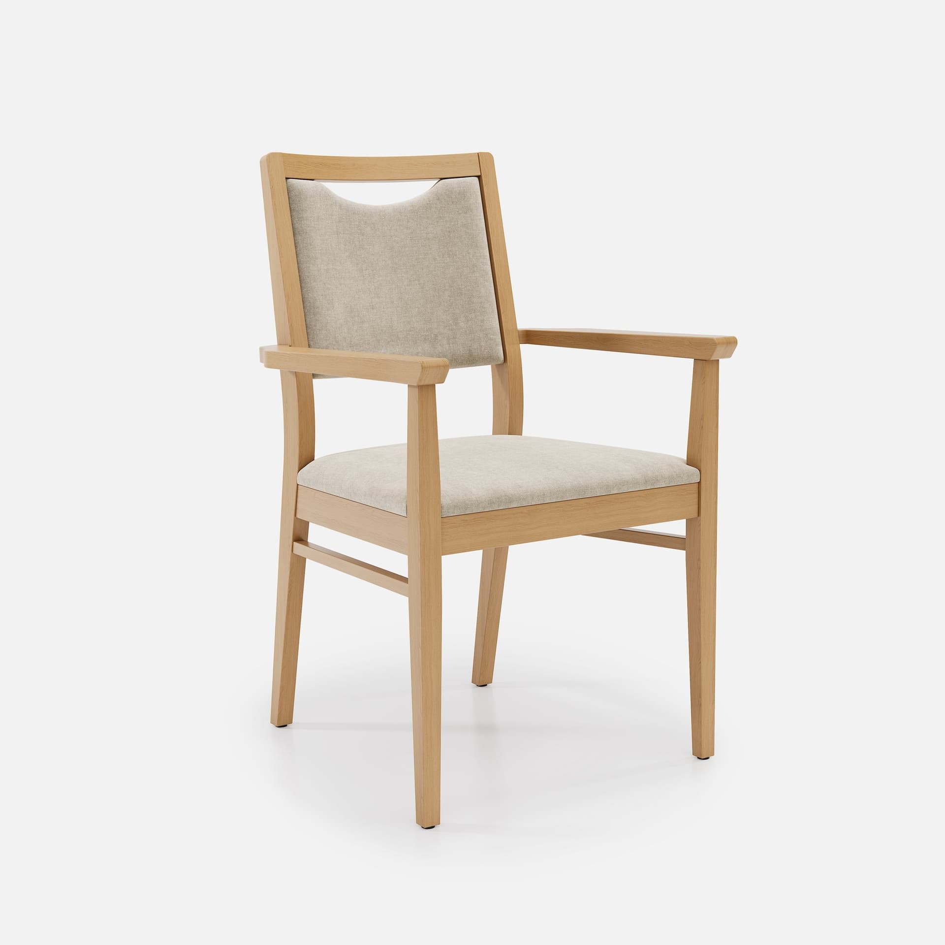 Chaise Accoudoirs Mila Haut Dossier par Zelder en bois hêtre naturel et revètement tissu coloris beige fumé